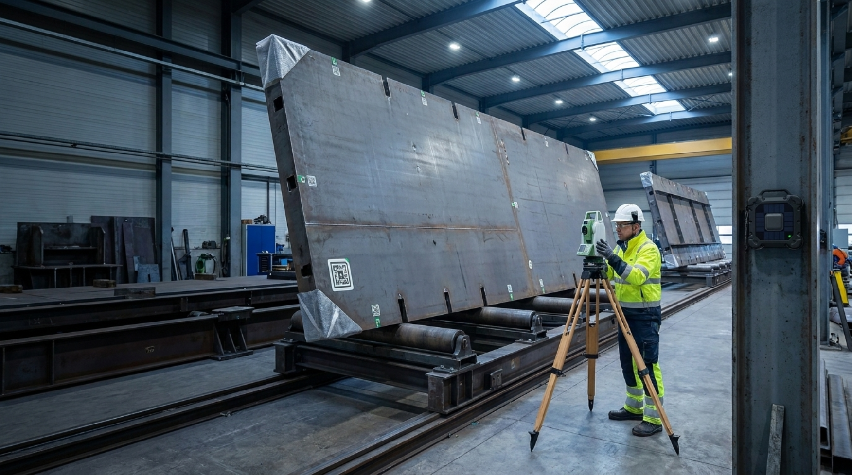 Concept visualization of a tagged fabricated ship panel being surveyed with approved metrology while a relocatable Reader Node observes the workfront