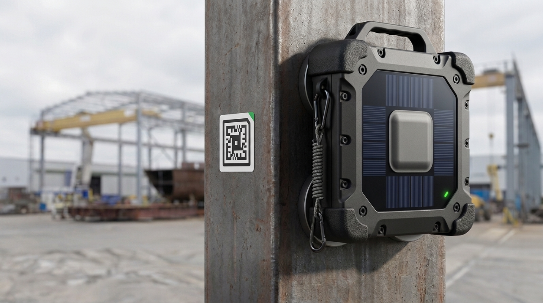 Concept visualization of a Tefiti multimodal tag beside a rugged relocatable UHF Reader Node mounted to steel
